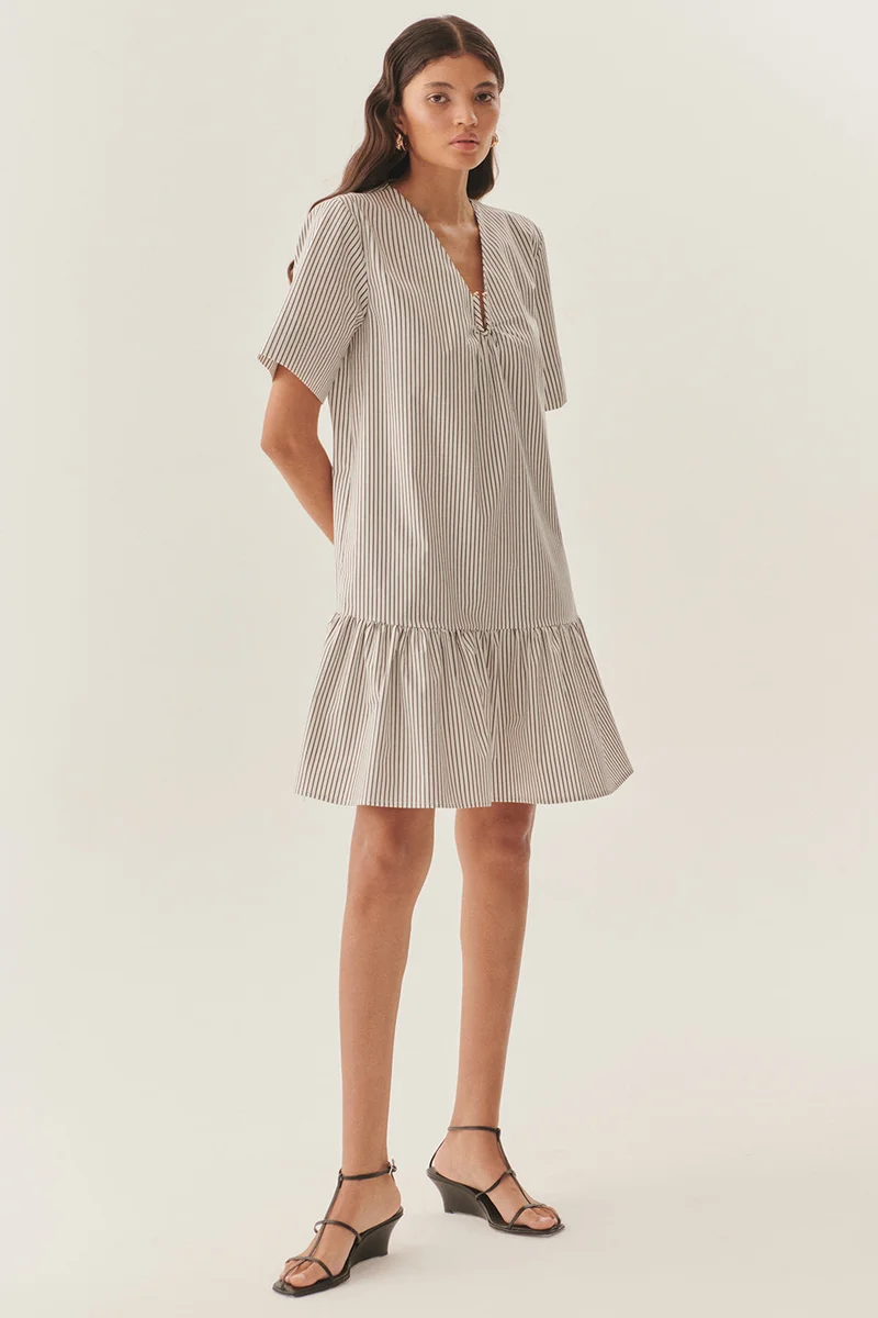 Exquise Relaxed Fit, Pleated, Striped Cotton Dress with Buckle Detail at the Collar