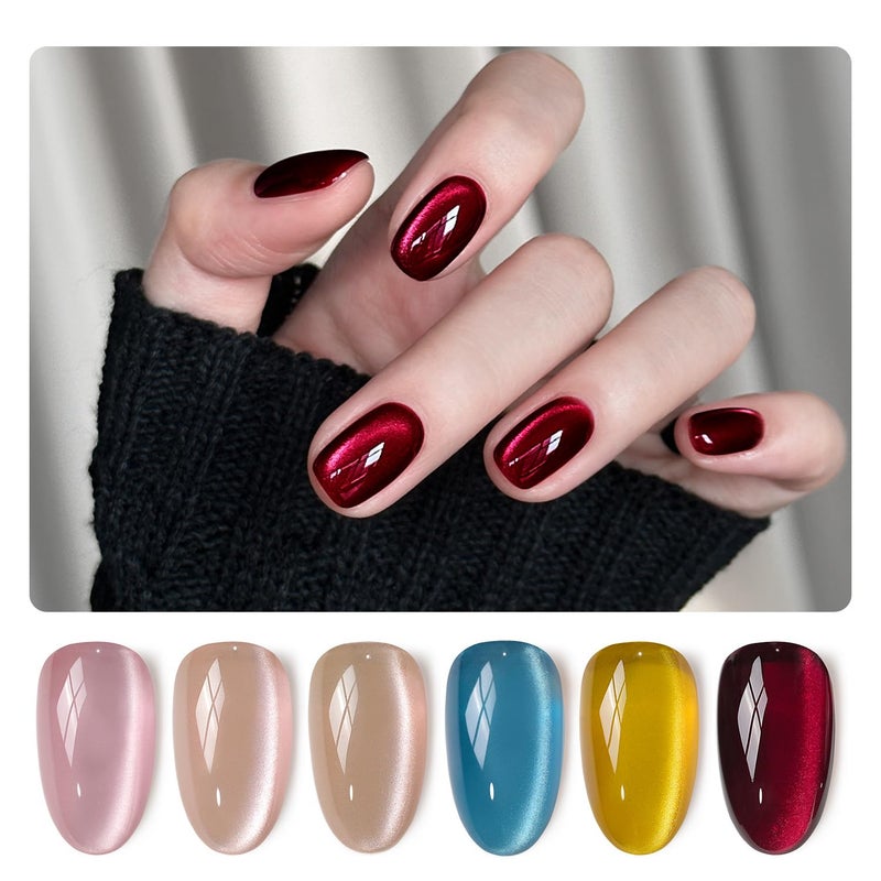GAOY Dream World Glitter Red Cat Eye Gel Nail Polish Set with Magnet for Pink Blue Holographic Cat Eye Salon Gel Manicure and Nail Art DIY at Home
