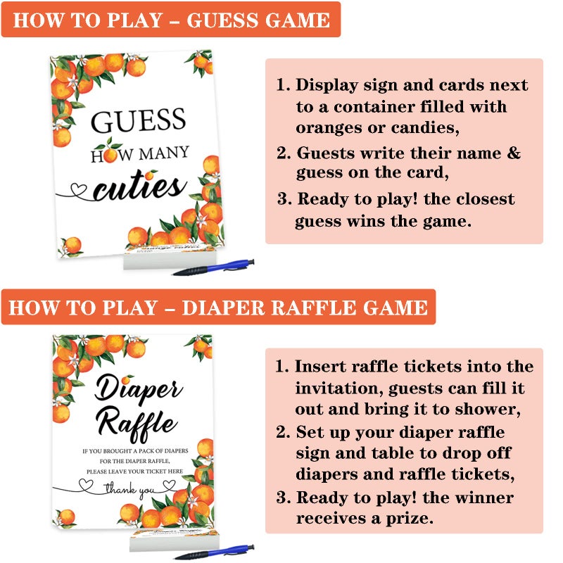 Senfaro 50 Little Cutie Orange Diaper Raffle Tickets and 1 Sign Baby Shower Games Orange Theme Guess How Many Cuties Sign with 50 Cards Baby Shower Candy Guessing Game - Image 3