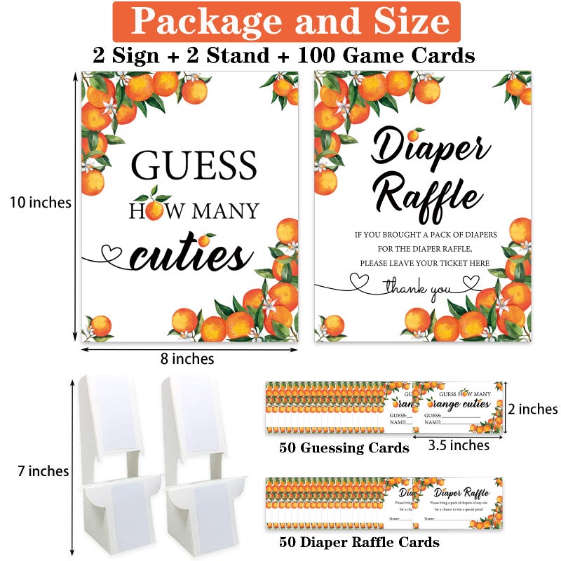 Senfaro 50 Little Cutie Orange Diaper Raffle Tickets and 1 Sign Baby Shower Games Orange Theme Guess How Many Cuties Sign with 50 Cards Baby Shower Candy Guessing Game - Image 2