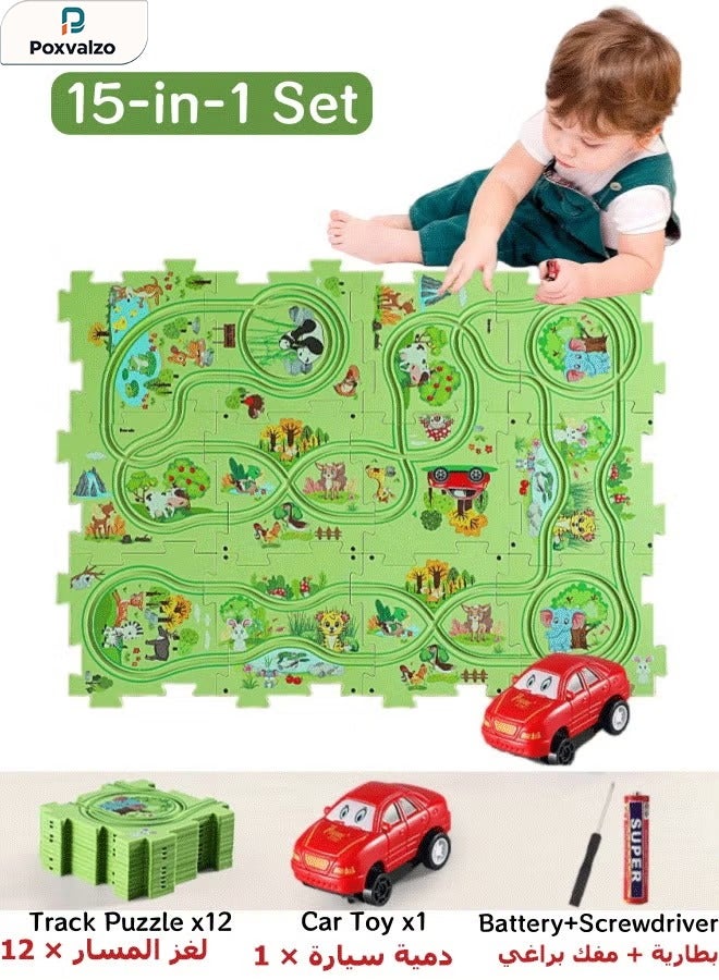 Poxvalzor Puzzle Track Car Play Set, Land Animals Puzzle Racer Car Track Set Kids Car Track Set Puzzle Raceway Car Track Toy Educational Montessori Toy for 3 4 5 6 Year Old Boys Girls - Image 1