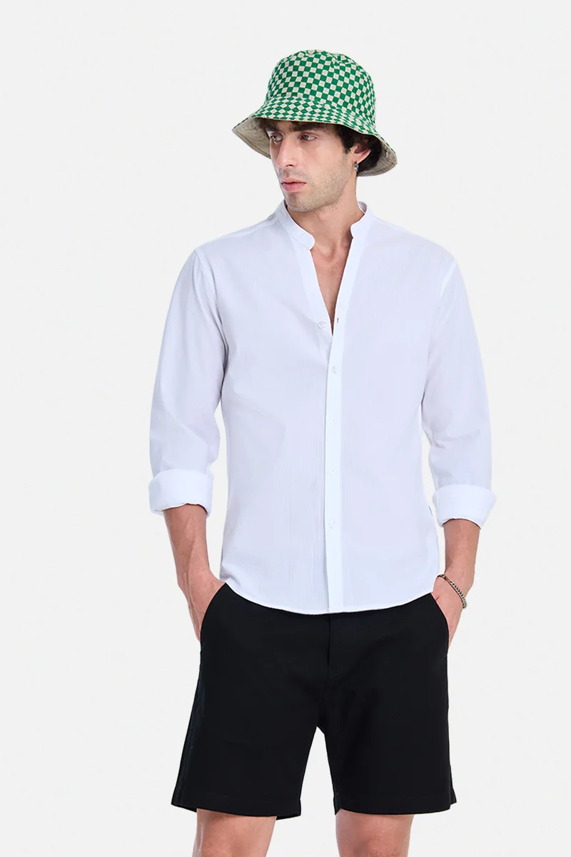 SNITCH White Textured Long Sleeve Slim Fit Casual Shirt