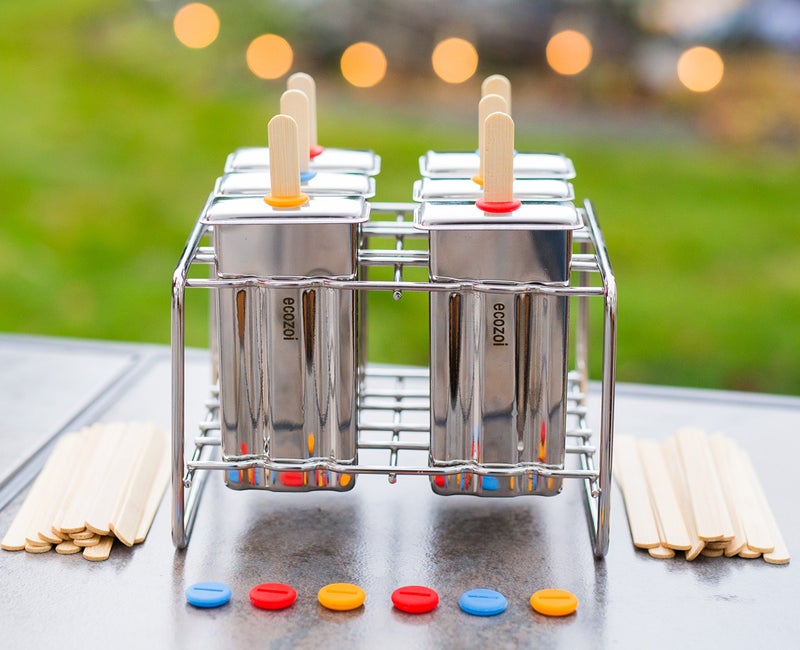 Ecozoi Stainless Steel Popsicle Molds and Rack - 6 Square Ice Pop Makers + 30 Reusable Bamboo Sticks + 12 Silicone Seals + 1 Cleaning Brush +1 Rack - Image 2