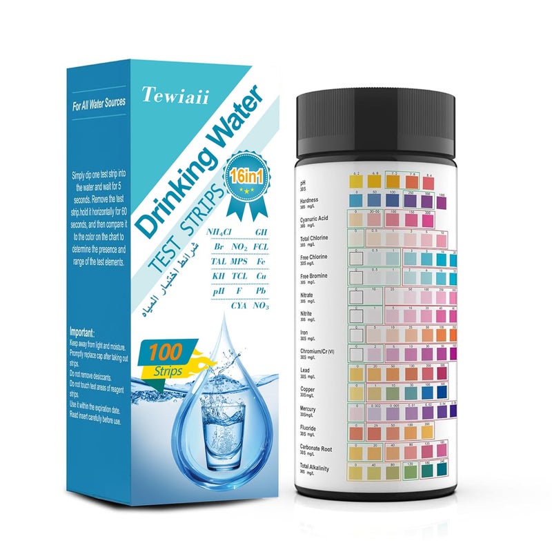 [100 Pieces] 16-in-1 Water Testing Kits for Drinking Water Professional Home Water Test kit, Testing Strips for Drinking Water, Pool, Swimming Pool and Spas (100) - Image 1