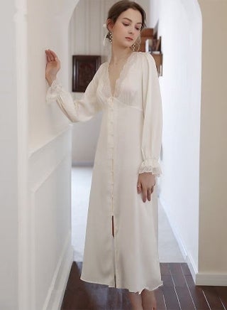 Women V-neck Lace Nightdress Loungewear French Romantic Luxury Sweet Ice Silk Sleepwear Pajamas Ladies Satin Long Sleeve Loose Nightgown Female Home Wear White - pzsku/Z1008AE7CE3261B503022Z/45/_/1686742524/f3b160bb-f518-4624-97df-1ccb4984f303