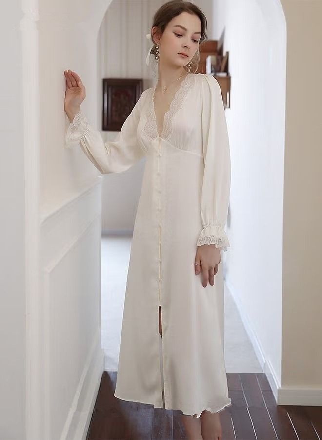 Women V-neck Lace Nightdress Loungewear French Romantic Luxury Sweet Ice Silk Sleepwear Pajamas Ladies Satin Long Sleeve Loose Nightgown Female Home Wear White