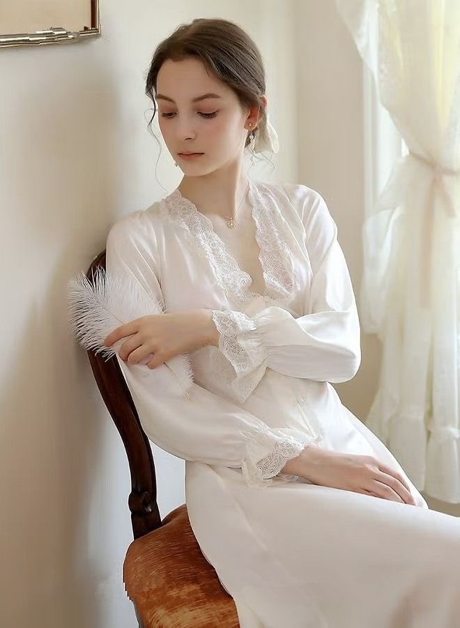 Women V-neck Lace Nightdress Loungewear French Romantic Luxury Sweet Ice Silk Sleepwear Pajamas Ladies Satin Long Sleeve Loose Nightgown Female Home Wear White