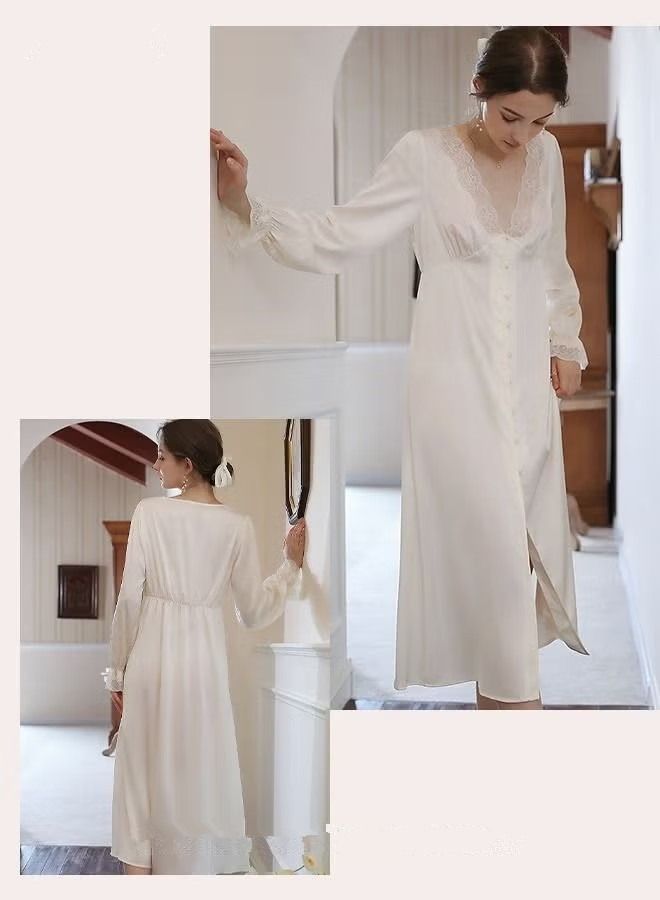 Women V-neck Lace Nightdress Loungewear French Romantic Luxury Sweet Ice Silk Sleepwear Pajamas Ladies Satin Long Sleeve Loose Nightgown Female Home Wear White