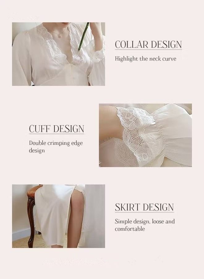 Women V-neck Lace Nightdress Loungewear French Romantic Luxury Sweet Ice Silk Sleepwear Pajamas Ladies Satin Long Sleeve Loose Nightgown Female Home Wear White