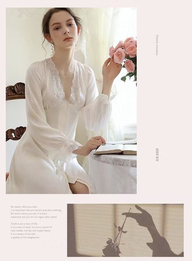 Women V-neck Lace Nightdress Loungewear French Romantic Luxury Sweet Ice Silk Sleepwear Pajamas Ladies Satin Long Sleeve Loose Nightgown Female Home Wear White