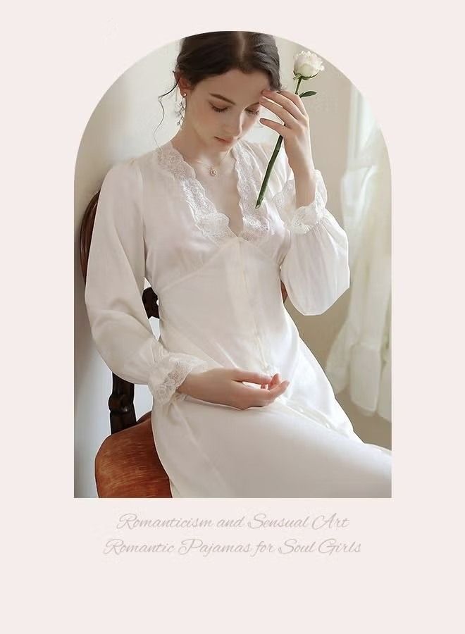 Women V-neck Lace Nightdress Loungewear French Romantic Luxury Sweet Ice Silk Sleepwear Pajamas Ladies Satin Long Sleeve Loose Nightgown Female Home Wear White
