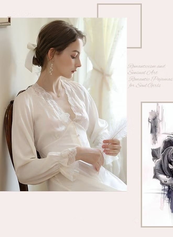 Women V-neck Lace Nightdress Loungewear French Romantic Luxury Sweet Ice Silk Sleepwear Pajamas Ladies Satin Long Sleeve Loose Nightgown Female Home Wear White