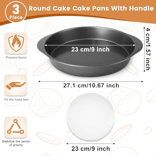 BEWOS 9 Inch Cake Pan Set 100 Pcs Parchment Paper With 3 Pcs Carbon Steel Round Cake Pans Nonstick Baking Pans Set With Handle Dishwasher Safe - Image 3