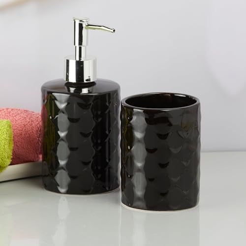 Kookee Ceramic Bathroom Set – Stylish 2 Piece Bath Accessories Kit with Soap Dispenser, Toothbrush Holder – Modern & Designer Decor for Home & Guest Bathrooms, Black (9721) - Image 3