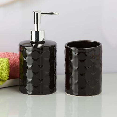 Kookee Ceramic Bathroom Set – Stylish 2 Piece Bath Accessories Kit with Soap Dispenser, Toothbrush Holder – Modern & Designer Decor for Home & Guest Bathrooms, Black (9721) - Image 1