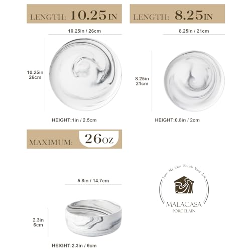 MALACASA Plates and Bowls Sets, 12 Pieces Porcelain Dinnerware Sets Dishware Sets Chip Resistant Ceramic Dish Set Dining Dinner Ware Service for 4, Marble Grey, Series LUNA - Image 2