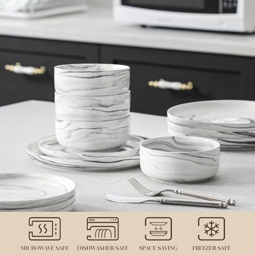 MALACASA Plates and Bowls Sets, 12 Pieces Porcelain Dinnerware Sets Dishware Sets Chip Resistant Ceramic Dish Set Dining Dinner Ware Service for 4, Marble Grey, Series LUNA - Image 4