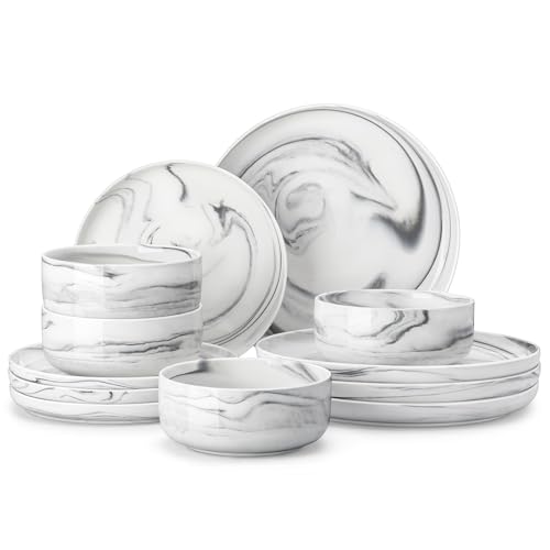 MALACASA Plates and Bowls Sets, 12 Pieces Porcelain Dinnerware Sets Dishware Sets Chip Resistant Ceramic Dish Set Dining Dinner Ware Service for 4, Marble Grey, Series LUNA - Image 1
