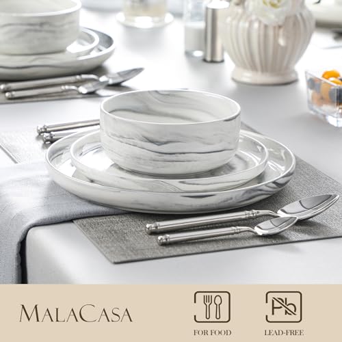 MALACASA Plates and Bowls Sets, 12 Pieces Porcelain Dinnerware Sets Dishware Sets Chip Resistant Ceramic Dish Set Dining Dinner Ware Service for 4, Marble Grey, Series LUNA - Image 3