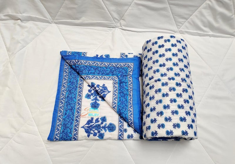 SIBLEY 210 TC Cotton Single Bed Jaipuri Razai Floral Print 55X85 Inche Blue - Image 3