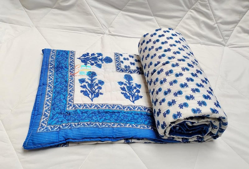 SIBLEY 210 TC Cotton Single Bed Jaipuri Razai Floral Print 55X85 Inche Blue - Image 2
