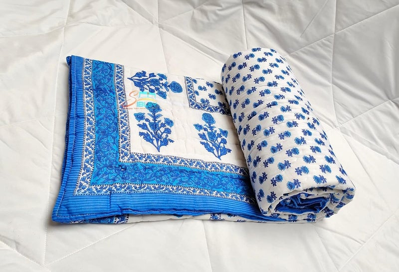 SIBLEY 210 TC Cotton Single Bed Jaipuri Razai Floral Print 55X85 Inche Blue - Image 4