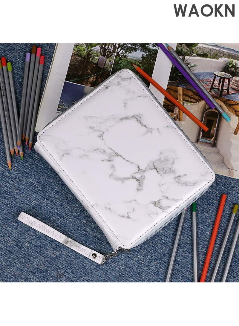 دبليو أيه أو كي أن حافظة أقلام فاخرة من الجلد الصناعي تحتوي على 120 فتحة - حامل أقلام فنان كبير جدًا مع حزام مقبض - صندوق منظم لأقلام الرصاص الملونة والعلامات وأقلام التلوين - تخزين محمول للأدوات المكتبية بتصميم رخامي للمدرسة/المكتب/السفر (رخام أبيض) - Image 2