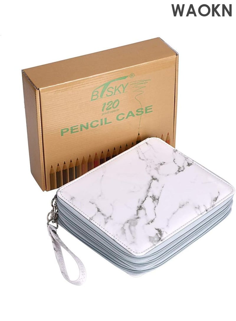 دبليو أيه أو كي أن حافظة أقلام فاخرة من الجلد الصناعي تحتوي على 120 فتحة - حامل أقلام فنان كبير جدًا مع حزام مقبض - صندوق منظم لأقلام الرصاص الملونة والعلامات وأقلام التلوين - تخزين محمول للأدوات المكتبية بتصميم رخامي للمدرسة/المكتب/السفر (رخام أبيض) - Image 1