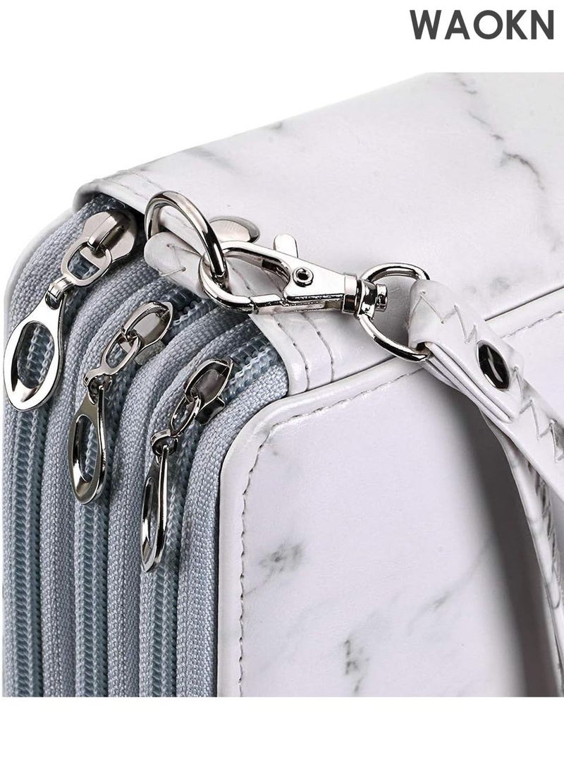 دبليو أيه أو كي أن حافظة أقلام فاخرة من الجلد الصناعي تحتوي على 120 فتحة - حامل أقلام فنان كبير جدًا مع حزام مقبض - صندوق منظم لأقلام الرصاص الملونة والعلامات وأقلام التلوين - تخزين محمول للأدوات المكتبية بتصميم رخامي للمدرسة/المكتب/السفر (رخام أبيض) - Image 5