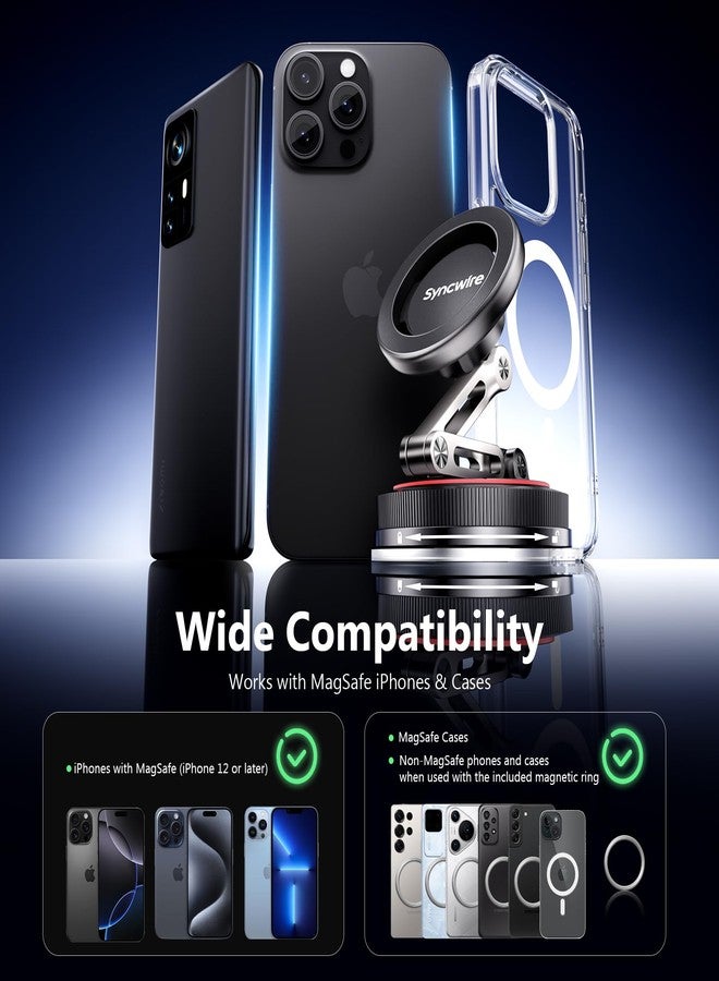 SYNCWIRE for MagSafe Car Mount [3-Axis Design] Nano Adhesive Gel + Strong Suction Cup Magnetic Phone Holder, 360° Rotation, Compatible with iPhone 17 Pro Max 16 15 14 13 12, Samsung, Matte Black - Image 4