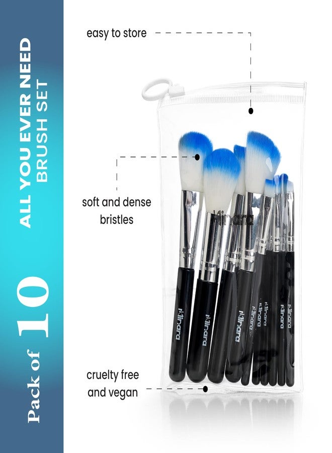 Minara Makeup Brush Set Of 10 With Easy To Carry Pouch (Black) | Travel Size Cosmetic Brushes Kit For Face Foundation Brush Eyeshadow With Storage | Makeup Pouch For Women | - Image 2