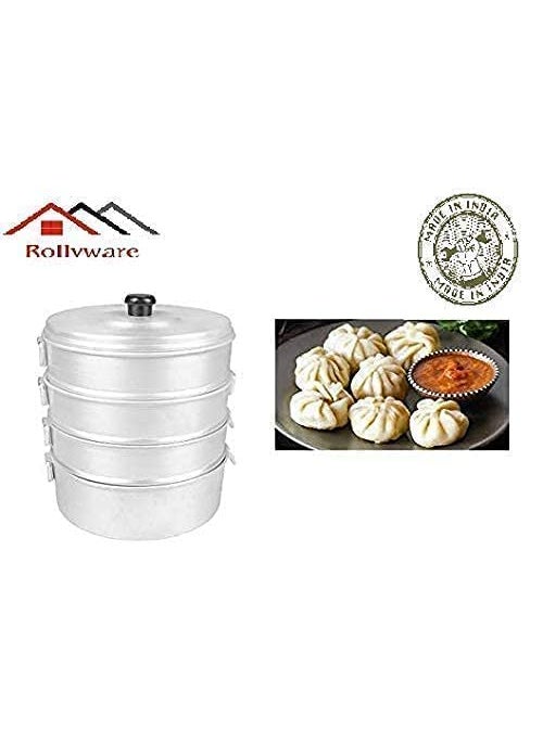 ROLLYWARE ROLLYWARE Premium Aluminium Momos Maker Steamer with Handles Durable 4 Tier Steamer for Cooking Suitable for Home Hotels Restaurant and Business No 10 Capacity 8 litres Silver  - Image 3