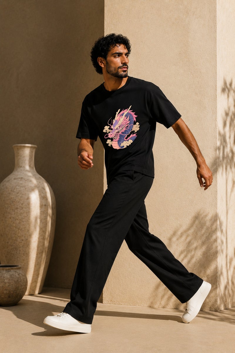 Men's Oversized Black Dragon Graphic T-Shirt Casual Short Sleeve Crew Neck Streetwear Tee - Image 3