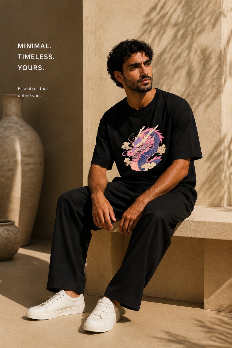 Men's Oversized Black Dragon Graphic T-Shirt Casual Short Sleeve Crew Neck Streetwear Tee - Image 4