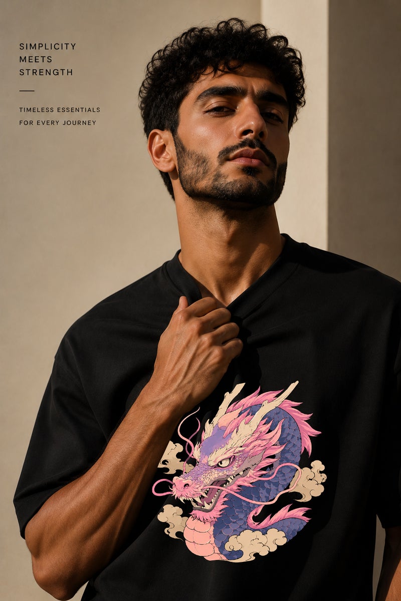 Men's Oversized Black Dragon Graphic T-Shirt Casual Short Sleeve Crew Neck Streetwear Tee - Image 5