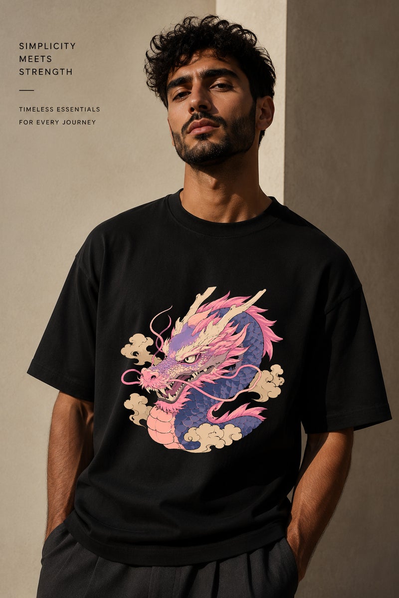 Men's Oversized Black Dragon Graphic T-Shirt Casual Short Sleeve Crew Neck Streetwear Tee - Image 1