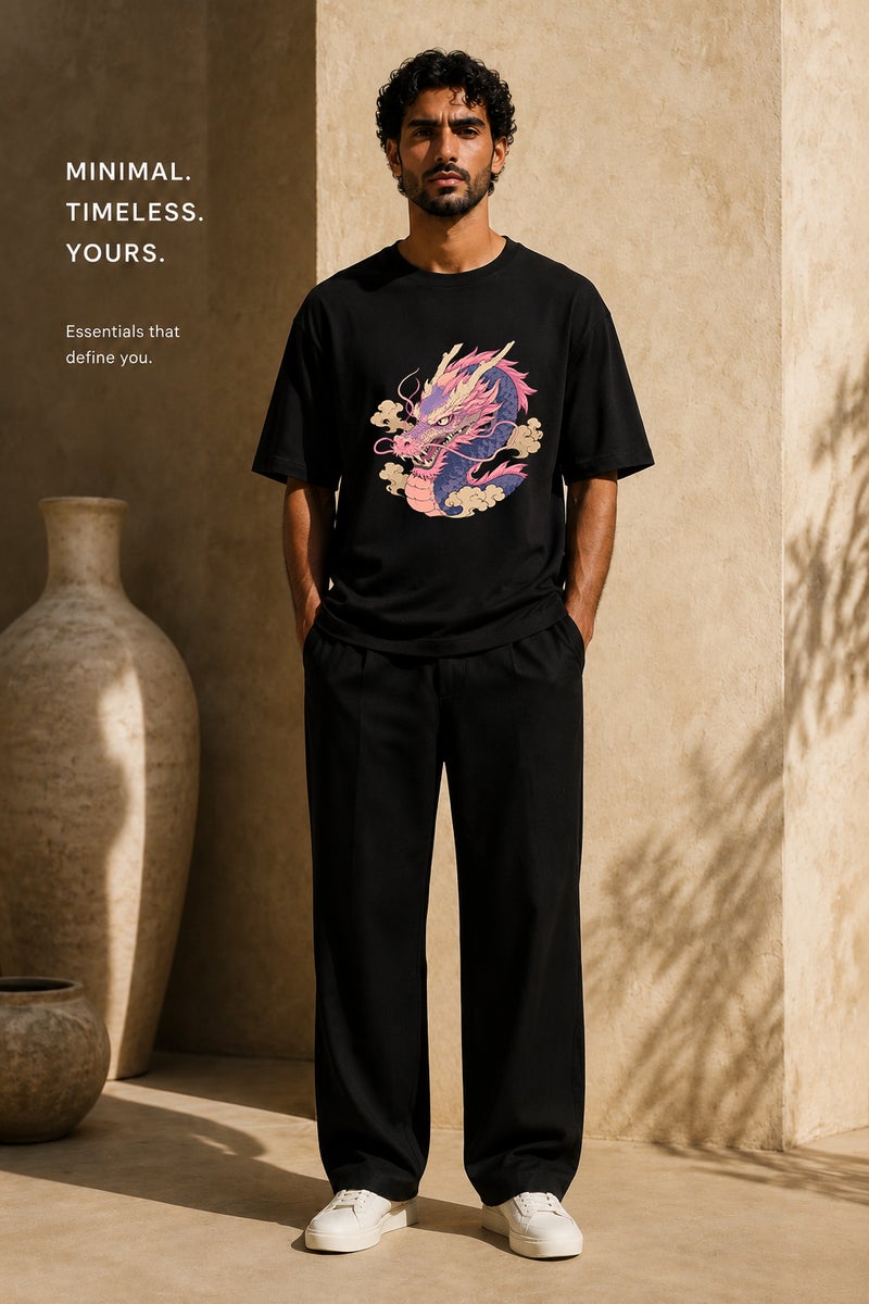 Men's Oversized Black Dragon Graphic T-Shirt Casual Short Sleeve Crew Neck Streetwear Tee - Image 2