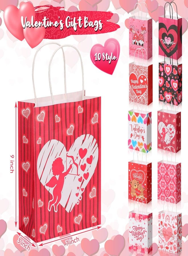 Chivertion 100 Pcs Valentine's Day Gift Bags Bulk 7 x 3 x 9 Valentines Goodie Bags with Handles Valentines Heart Love Paper Bags for Valentine Party Favors Exchange Novelty Gift Wrapping, 10 Styles - Image 2