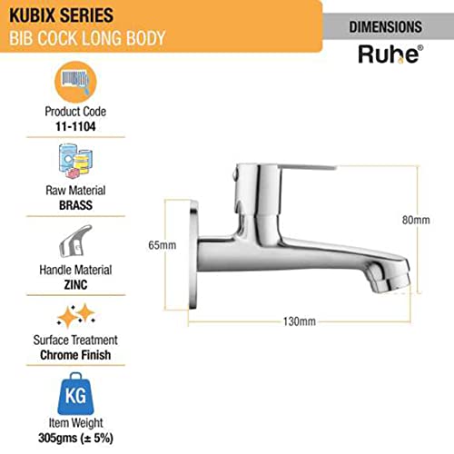Ruhe® Kubix Bib Cock Long Body Brass Faucet | Wall Mounted Bib Tap for Bathrooms, Washing Areas, Gardens | Faucet with Chrome Finish | Brass Tap - Image 2