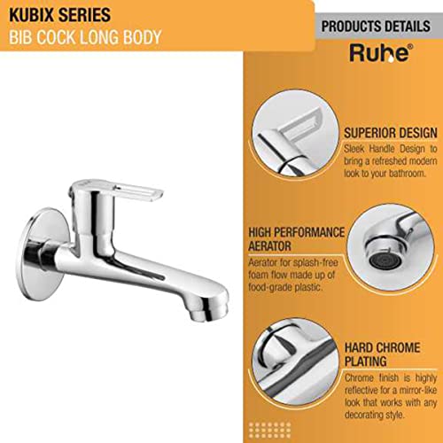 Ruhe® Kubix Bib Cock Long Body Brass Faucet | Wall Mounted Bib Tap for Bathrooms, Washing Areas, Gardens | Faucet with Chrome Finish | Brass Tap - Image 3