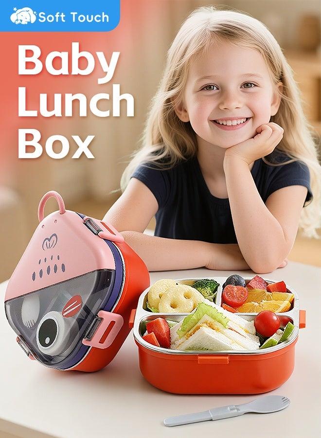 Soft Touch 650ml Stainless Steel Baby Lunch Box, Toddler Bento Box with Handle, Baby Food Container with Lid, Kids Snack Box with Sauce Cup and Spoon for School Travel Home (Red) - Image 1