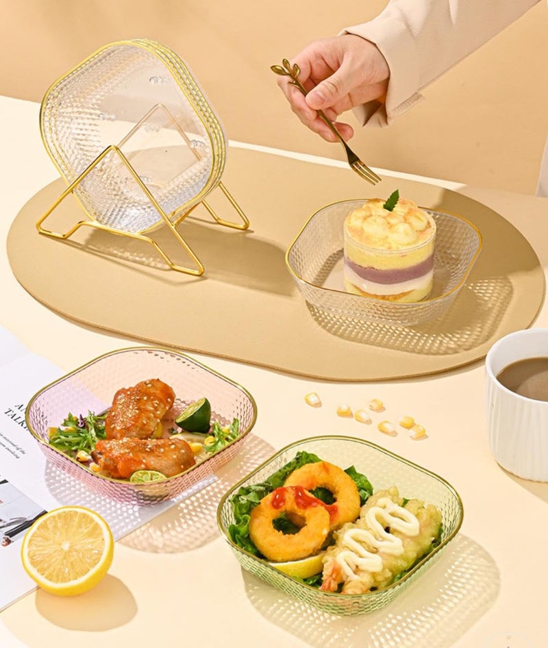 DCELLA Clear Glass Plates with Rack Stand Plate Organizer for Kitchen Dishes Multicolor Pack of 6 and 1 Stand - Image 3