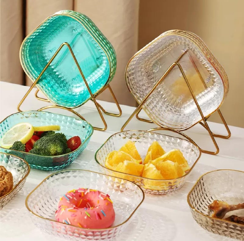 DCELLA Clear Glass Plates with Rack Stand Plate Organizer for Kitchen Dishes Multicolor Pack of 6 and 1 Stand - Image 1