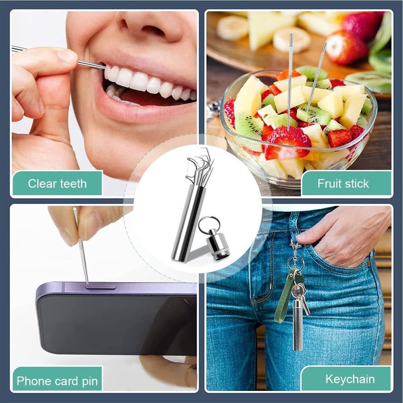 SHOPECOM مجموعة أدوات تنظيف الأسنان من الفولاذ المقاوم للصدأ 7 في 1 | مجموعة أعواد أسنان محمولة | مجموعة نظافة الأسنان أعواد أسنان وخيط للأسنان للتخييم والرحلات والسفر - Image 2