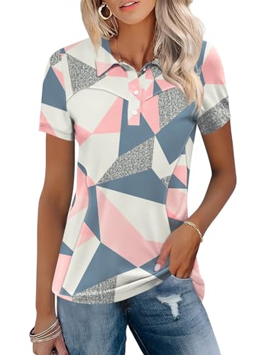 TFSDOD Women's Hawaiian Golf Shirts for Women Summer Quick Dry Moisture Wicking Cotton Polo Shirt Short Sleeve Collared Tee Floral Pink L - Image 1