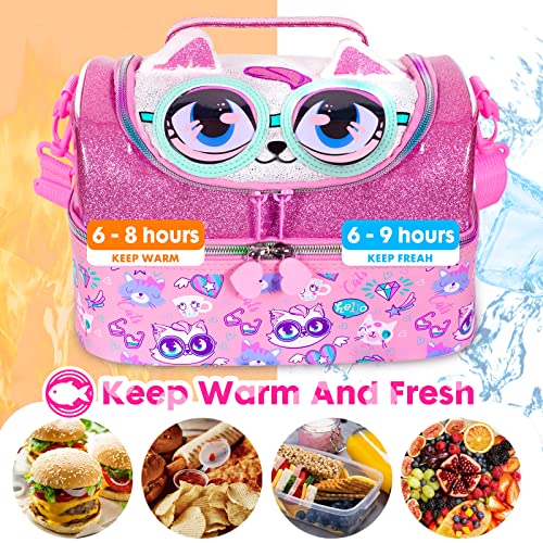 YOYTOO Kids Double Decker Cooler Insulated Lunch Bag, Back to School Large Meal Tote for Boys, Girls, Men, Women, with Adjustable Strap, Cat - Image 5