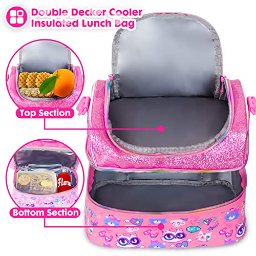 YOYTOO Kids Double Decker Cooler Insulated Lunch Bag, Back to School Large Meal Tote for Boys, Girls, Men, Women, with Adjustable Strap, Cat - Image 2