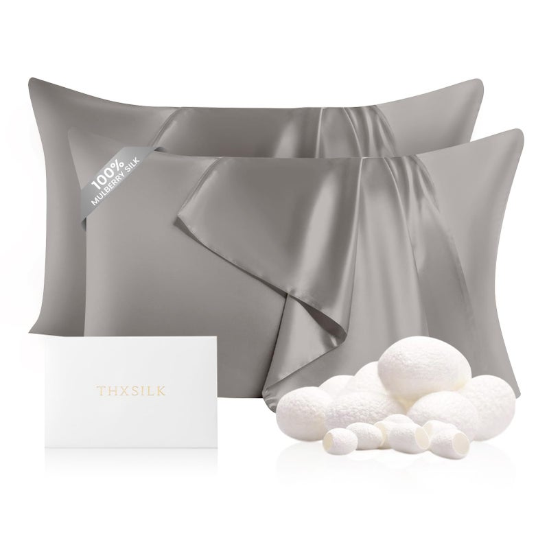 THXSILK Set of 2 100% Mulberry Silk Pillowcases for Hair and Skin, 22 Momme Natural Silk Pillow Cover with Hidden Zipper, Soft Breathable Smooth Organic Silk Pillowcases(Grey, Queen Size 20"x30") - Image 1