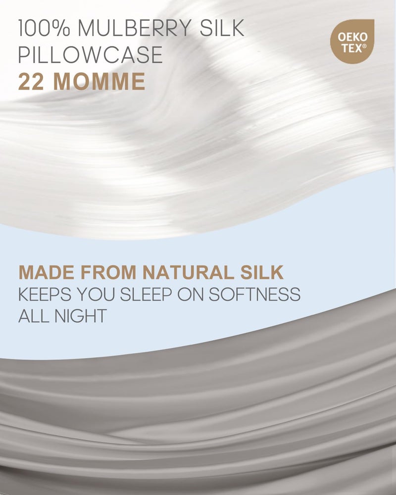 THXSILK Set of 2 100% Mulberry Silk Pillowcases for Hair and Skin, 22 Momme Natural Silk Pillow Cover with Hidden Zipper, Soft Breathable Smooth Organic Silk Pillowcases(Grey, Queen Size 20"x30") - Image 2