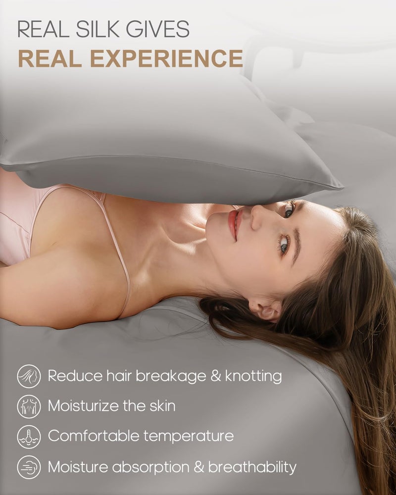 THXSILK Set of 2 100% Mulberry Silk Pillowcases for Hair and Skin, 22 Momme Natural Silk Pillow Cover with Hidden Zipper, Soft Breathable Smooth Organic Silk Pillowcases(Grey, Queen Size 20"x30") - Image 3